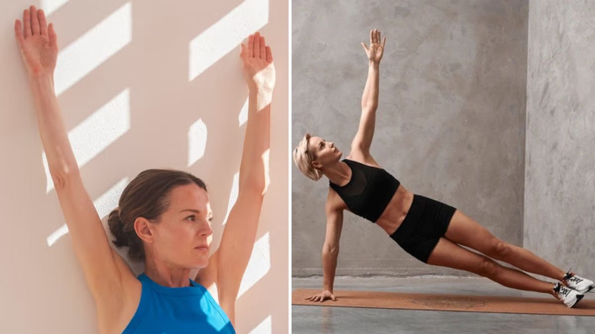 same person performing wall shoulder opener and arm pullback exercises with straight posture, toned arms, confident stance, bright natural lighting, realistic fitness style, high detail.”