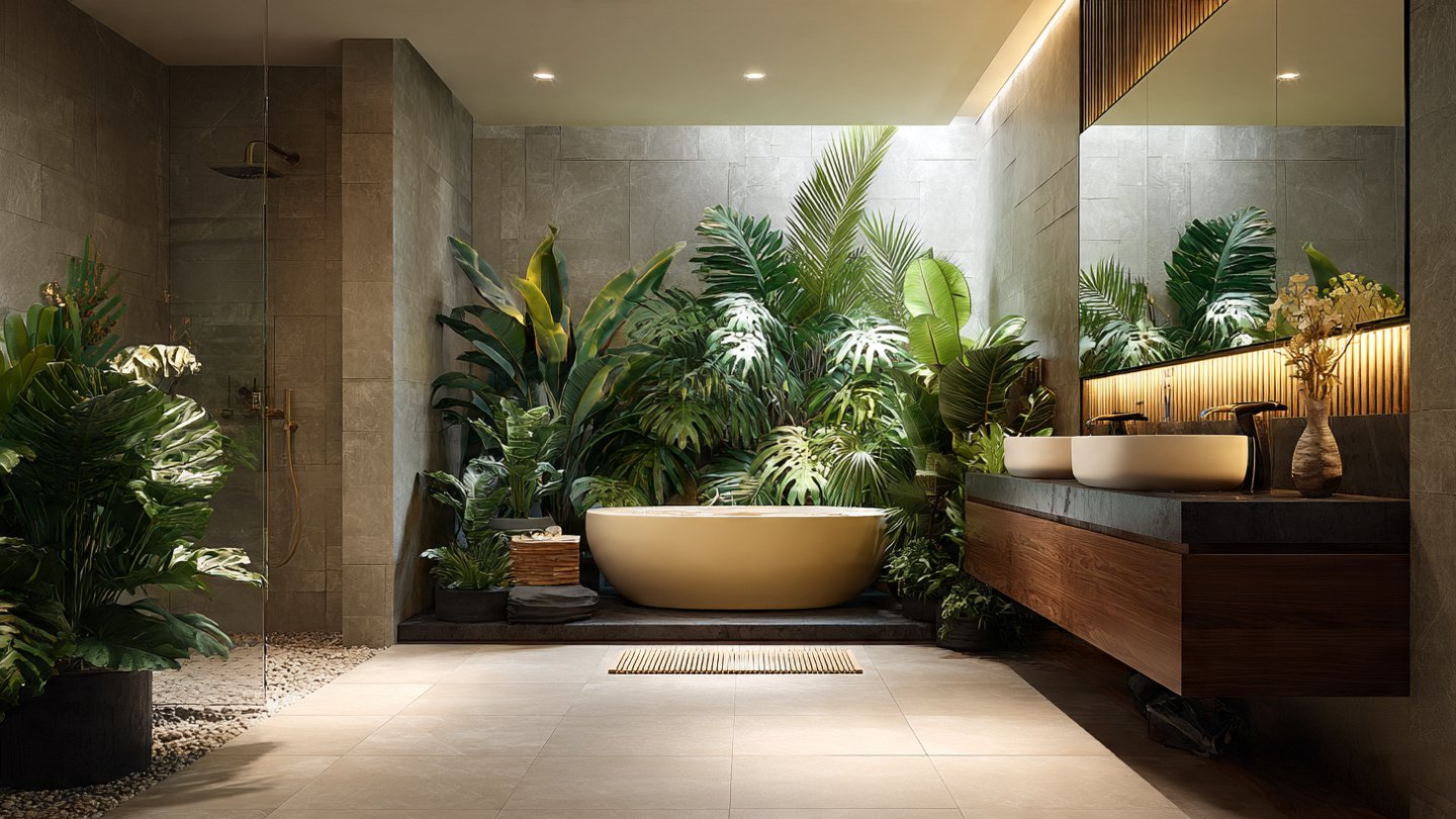How Can You Achieve a Modern Bathroom Look with Large Leaf Tropicals?